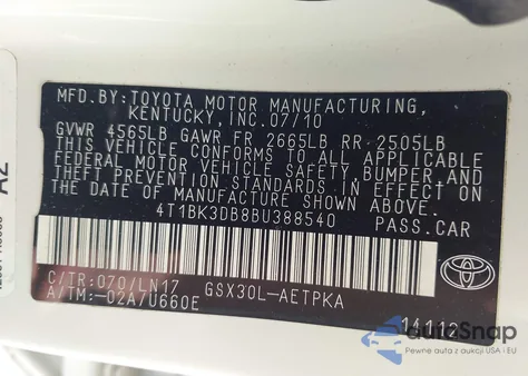 2011 Toyota Avalon Limited z USA, uszkodzony, nr VIN 4T1BK3DB8BU388540